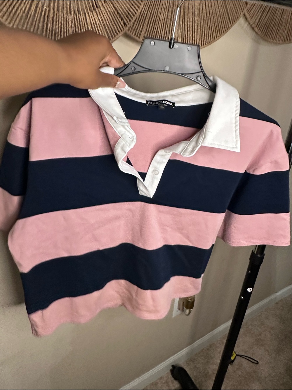 Fashion Nova Pink & Navy Striped Rugby Polo Shirt